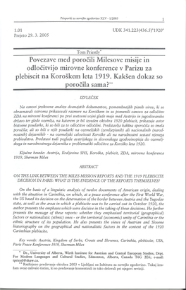 Povezave Med Poročili Milesove Misije in Odločitvijo Mirovne Konference V Parizu Za Plebiscit Na Koroškem Leta 1919