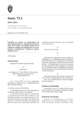 Innst. 72 L (2010–2011) Innstilling Til Stortinget Fra Arbeids- Og Sosialkomiteen