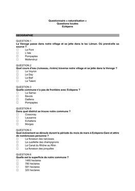 Questionnaire « Naturalisation » Questions Locales Eclépens