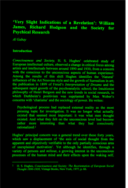 'Very Slight Indications of a Revelation': Wiuiam James, Richard Hodgson and the Society for Psychical Research