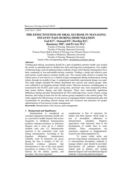 THE EFFECTIVENESS of ORAL SUCROSE in MANAGING INFANTS' PAIN DURING IMMUNIZATION Gad R F1, Abusaad FE2, Dowling DA3, Bassiouny MR4, Abd El Aziz MA5