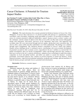 Carcar Chicharon: a Potential for Tourism Multidisciplinary Research Impact Studies Vol