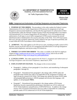 JO 7610.12A Assignment of Call Signs