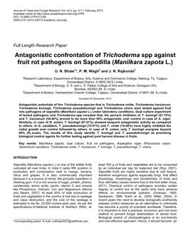 Antagonistic Confrontation of Trichoderma Spp Against Fruit Rot Pathogens on Sapodilla (Manilkara Zapota L.)