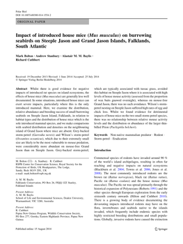 Impact of Introduced House Mice (Mus Musculus) on Burrowing Seabirds on Steeple Jason and Grand Jason Islands, Falklands, South Atlantic