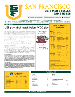 San Francisco 2014 Men's Soccer Game Notes