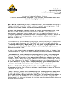 Media Contact Rikki Hrenko-Browning Rhenko-Browning@Utahpetroleum.Org 435-219-0963 Investments in Utah's Air Quality Continue