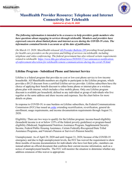 Masshealth Provider Resource: Telephone and Internet Connectivity for Telehealth Updated As of July 24, 2020