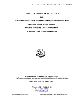 CURRICULUM FRAMEWORK and SYLLABUS for FIVE YEAR INTEGRATED M.Sc (DATA SCIENCE) DEGREE PROGRAMME in CHOICE BASED CREDIT SYSTEM