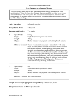 Draft Guidance on Safinamide Mesylate