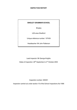 INSPECTION REPORT BINGLEY GRAMMAR SCHOOL Bingley LEA