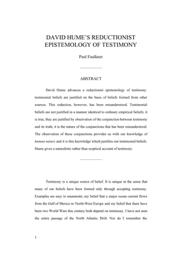 David Hume's Reductionist Epistemology of Testimony