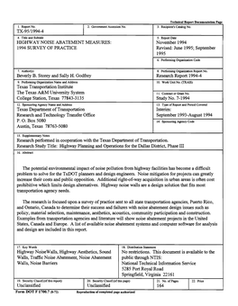 Highway Noise Abatement Measures: 1994 Survey of Practice