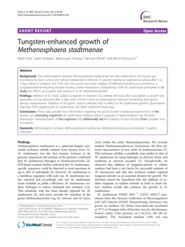 Tungsten-Enhanced Growth of Methanosphaera Stadtmanae Bédis Dridi1, Saber Khelaifia1, Marie-Laure Fardeau2, Bernard Ollivier2 and Michel Drancourt1*