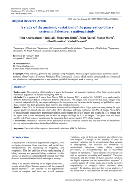 A Study of the Anatomic Variations of the Pancreatico-Biliary System in Palestine: a National Study