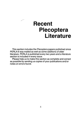 Recent Plecoptera Literature