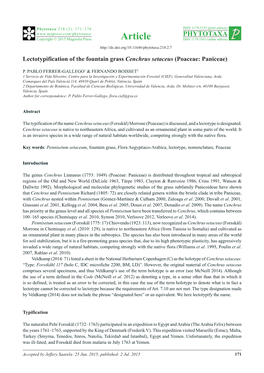 Lectotypification of the Fountain Grass Cenchrus Setaceus (Poaceae: Paniceae)