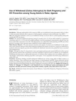 Use of Withdrawal (Coitus Interruptus) for Both Pregnancy and HIV Prevention Among Young Adults in Rakai, Uganda