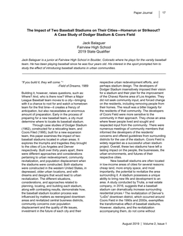 The Impact of Two Baseball Stadiums on Their Cities—Homerun Or Strikeout? a Case Study of Dodger Stadium & Coors Field