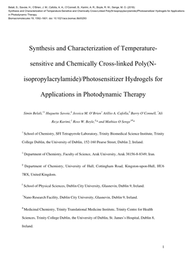 Photosensitizer Hydrogels For