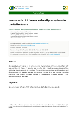 New Records of Ichneumonidae (Hymenoptera) for the Italian Fauna