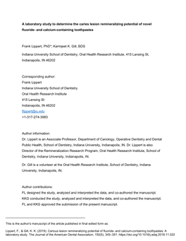 A Laboratory Study to Determine the Caries Lesion Remineralizing Potential of Novel Fluoride- and Calcium-Containing Toothpastes