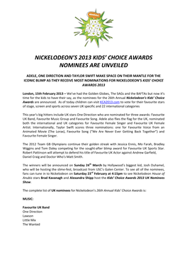 Nickelodeon's 2013 Kids' Choice Awards Nominees