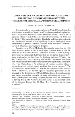 John Wesley's Awareness and Application of the Method of Distinguishing Between Theological Essentials and Theological Opinions