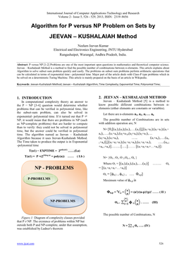Algorithm for P Versus NP Problem on Sets by JEEVAN – KUSHALAIAH Method