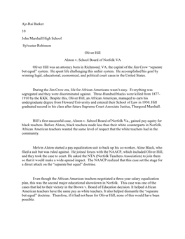 Ajr-Rai Barker 10 John Marshall High School Sylvester Robinson Oliver Hill Alston V. School Board of Norfolk VA Oliver Hill