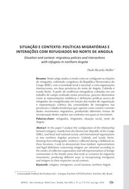 Situação E Contexto: Políticas Migratórias E Interações Com Refugiados No Norte De Angola Paulo Ricardo Muller