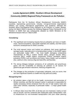 Draft Sadc Regional Policy Framework on Air Pollution