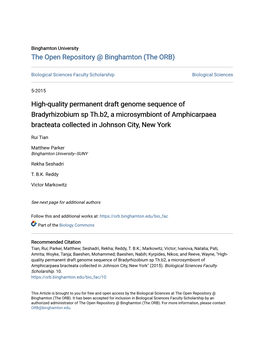 High-Quality Permanent Draft Genome Sequence of Bradyrhizobium Sp Th.B2, a Microsymbiont of Amphicarpaea Bracteata Collected in Johnson City, New York