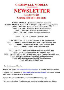 CROMWELL MODELS ESTABLISHED 1984 NEWSLETTER AUGUST 2017 Coming Soon in 1/72Nd Scale