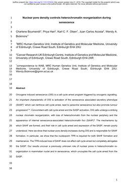 Nuclear Pore Density Controls Heterochromatin Reorganization During 2 Senescence 3 4 Charlene Boumendil1, Priya Hari2, Karl C