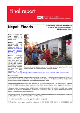 Floods GLIDE N° FL -2008-000104-NPL 26 November 2009