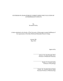 Synthesis of (2R,6R)-Hydroxy-Norketamine for Evaluation of Antidepressant Effects