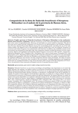 Composición De La Dieta De Tadarida Brasiliensis (Chiroptera: Molossidae) En El Sudeste De La Provincia De Buenos Aires, Argentina