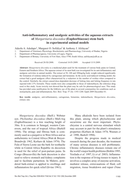 Anti-Inflammatory and Analgesic Activities of the Aqueous Extracts of Margaritaria Discoidea (Euphorbiaceae) Stem Bark in Experimental Animal Models