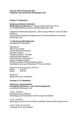 Tag Des Offenen Denkmals 2014 Programm Des Landkreises Altenburger Land Freitag, 12. September Altenburg, Reithalle Im Marstall