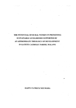 The Potential of Rural Women in Promoting Sustainable Livelihoods Supported by an Appropriate Theology of Development in Katete Catholic Parish, Malawi