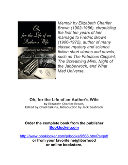 Oh, for the Life of an Author's Wife by Elizabeth Charlier Brown, Edited by Chad Calkins, Introduction by Jack Seabrook