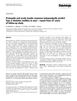 Proinsulin and Acute Insulin Response Independently Predict Type 2 Diabetes Mellitus in Men – Report from 27 Years of Follow-Up Study