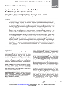 Cysteine Catabolism: a Novel Metabolic Pathway Contributing to Glioblastoma Growth