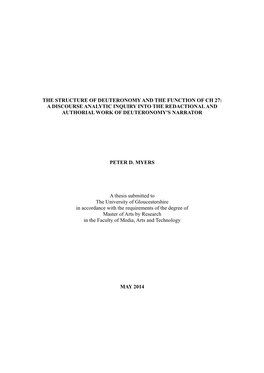 The Structure of Deuteronomy and the Function of Ch 27: a Discourse Analytic Inquiry Into the Redactional and Authorial Work of Deuteronomy's Narrator