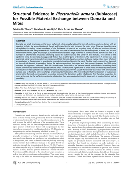 Rubiaceae) for Possible Material Exchange Between Domatia and Mites