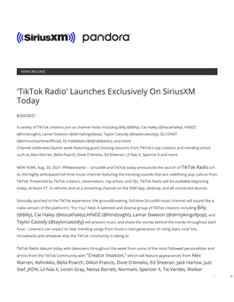 'Tiktok Radio' Launches Exclusively on Siriusxm Today