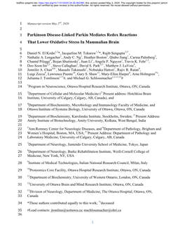 Parkinson Disease-Linked Parkin Mediates Redox Reactions That