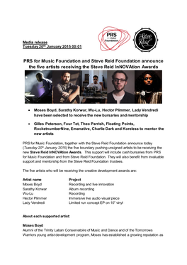 Tuesday 20 January 2015 Steve Reid Award Artist