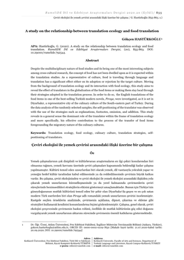 A Study on the Relationship Between Translation Ecology and Food Translation Çeviri Ekolojisi Ile Yemek Çevirisi Arasındaki